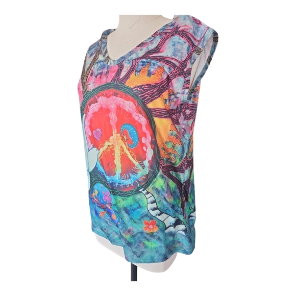 Psychedelic Peace Sign Art Tee | Vivid Graphic Cap Sleeve Top | Size L - Picture 8 of 10